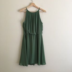 Annabella Halter Cinched Sage Green Lined Dress